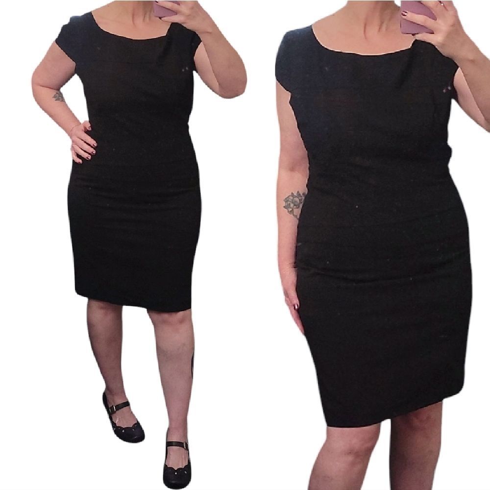 VTG Kenneth Cole NY Black Fitted Cap‎ Sleeve Ponte Midi Dress SZ 12
